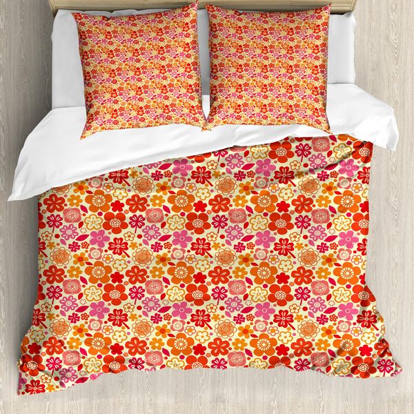 Abakuhaus Set Copripiumino Per Letti Singoli, Fiori E Foglie Grafici, Antiacaro, Adatto A Chi Soffre Di Allergie, Con Federa, 200 Cm X 200 Cm - 80 X 80 Cm, Giallo Vermiglio-image