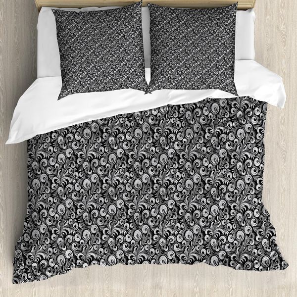 Abakuhaus Set Copripiumino Astratto Per Letti Singoli, Foglie Botaniche Curlicue, Antiacaro, Adatto A Chi Soffre Di Allergie, Con Federa, 155 Cm X 220 Cm - 80 X 80 Cm, Grigio Antracite Chiaro-image