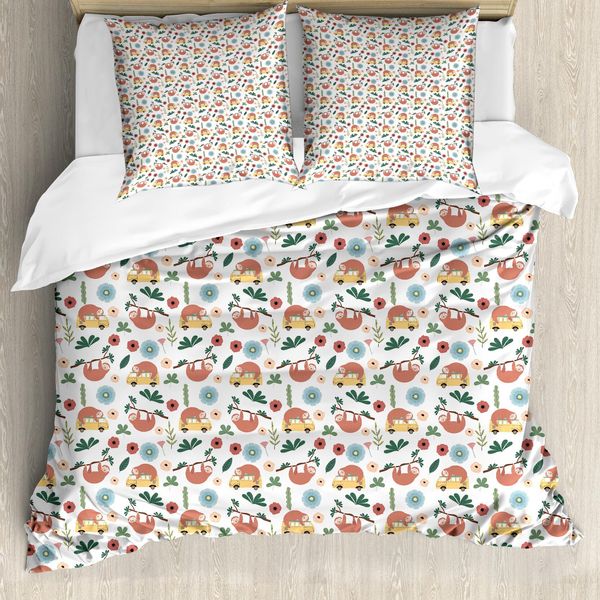 Abakuhaus Jungle Nursery Set Copripiumino Per Letti Singoli, Sloth Su Autobus Ast, Antiacaro, Adatto A Chi Soffre Di Allergie, Con Federa, 200 Cm X 200 Cm - 80 X 80 Cm, Bianco E Multicolore-image