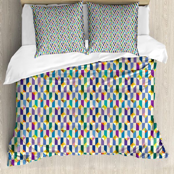 Set Copripiumino Abakuhaus Per Letti Singoli, Triangoli E Rettangoli Retrò, Antiacaro E Anallergico, Con Federa, 200 Cm X 200 Cm - 80 X 80 Cm, Color Guscio D'uovo E Multicolore-image