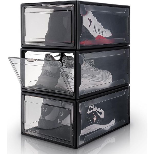 Set Di 3 Scatole Per Scarpe Yorbay, Per Scarpe Fino Al Numero 48 Organizzatore Di Scarpe Impilabile, Scatola In Plastica Con Sportello Trasparente, 37 X26 X 16 Cm, Nero-image