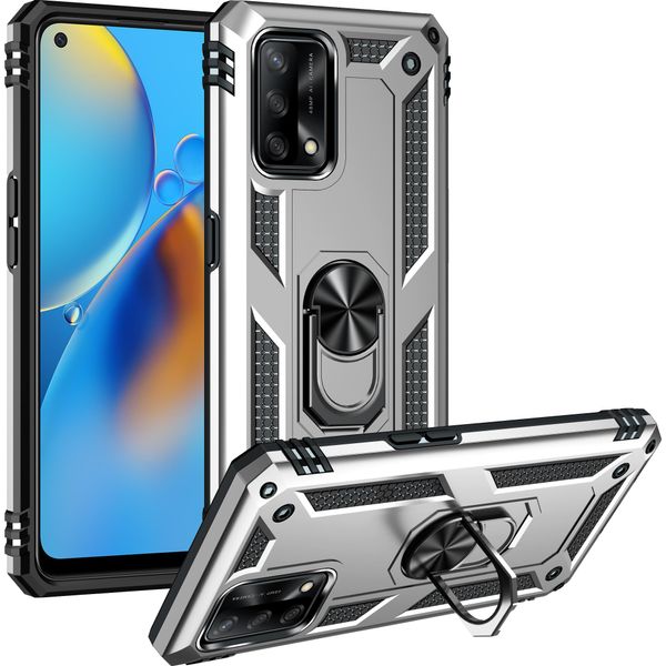 Custodia Per Oppo A74 4G / F19 Doppio Strato Robusto, Protezione Militare Con Supporto Ad Anello E Supporto Argento-image
