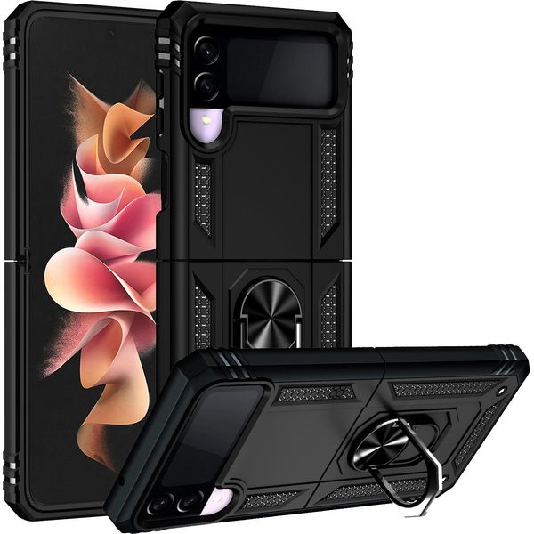 Custodia Per Samsung Galaxy Z Flip 3 5G A Doppio Strato Robusta, Protezione Militare Con Supporto Ad Anello E Supporto Nero-image