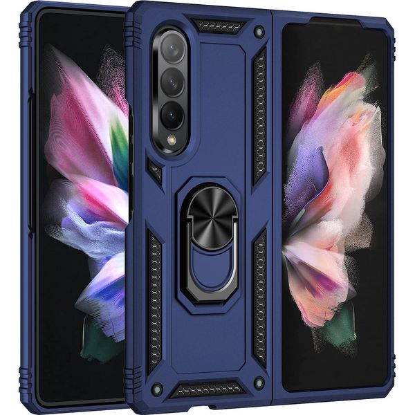 Custodia Per Samsung Galaxy Z Fold 3 5G A Doppio Strato Robusta, Protezione Militare Con Supporto Ad Anello E Supporto Blu-image