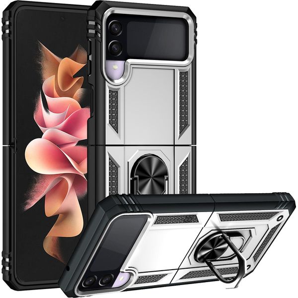 Custodia Per Samsung Galaxy Z Flip 3 5G A Doppio Strato Robusta, Protezione Militare Con Supporto Ad Anello E Supporto Argento-image