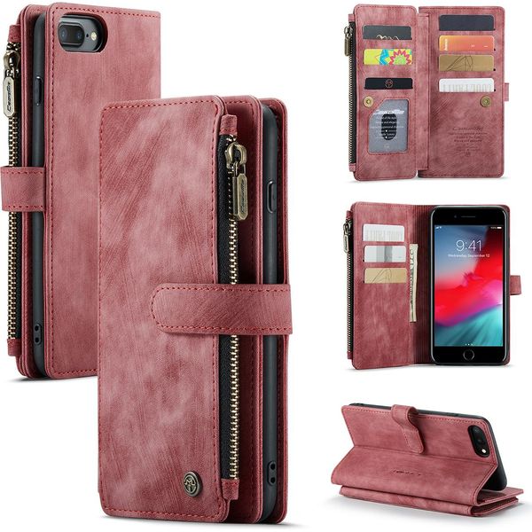 Iphone 6 / 6S / 7 / 8 Plus Custodia Per Cellulare, Chiusura A Zip Custodia In Finto Cuoio Flip Cover Chiusura Magnetica Porta Carte Funzione Stand Portafoglio Protettivo Per Iphone 6 Plus / 6S Plus / 7 Plus / 8 Plus Rosso-image