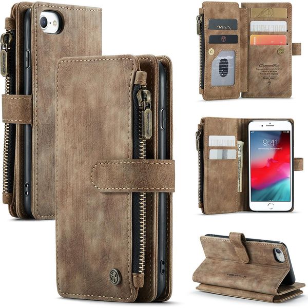 Custodia Iphone Se 2020, Custodia In Finto Cuoio Con Cerniera, Chiusura Magnetica, Tasca Per Carte, Supporto, Portafoglio, Custodia Protettiva Per Iphone 6 / 6S / 7 / 8 / Se 2020 Marrone-image