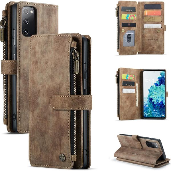 Galaxy S20 Fe Custodia Del Telefono Cellulare, Chiusura A Zip Custodia In Finto Cuoio Flip Cover Chiusura Magnetica Porta Carte Funzione Stand Portafoglio Custodia Protettiva Per Samsung Galaxy S20 Fe / S20 Fe 5G Brown-image