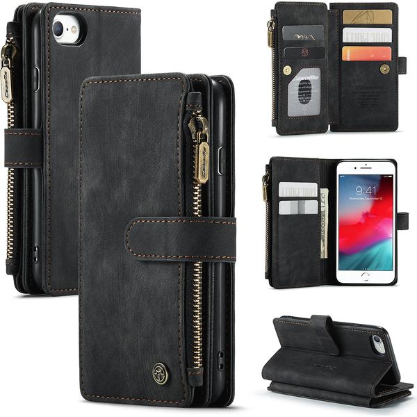 Custodia Iphone Se 2020, Custodia In Finto Cuoio Con Cerniera, Chiusura Magnetica, Tasca Per Carte, Supporto, Portafoglio, Custodia Protettiva Per Iphone 6 / 6S / 7 / 8 / Se 2020 Nero-image