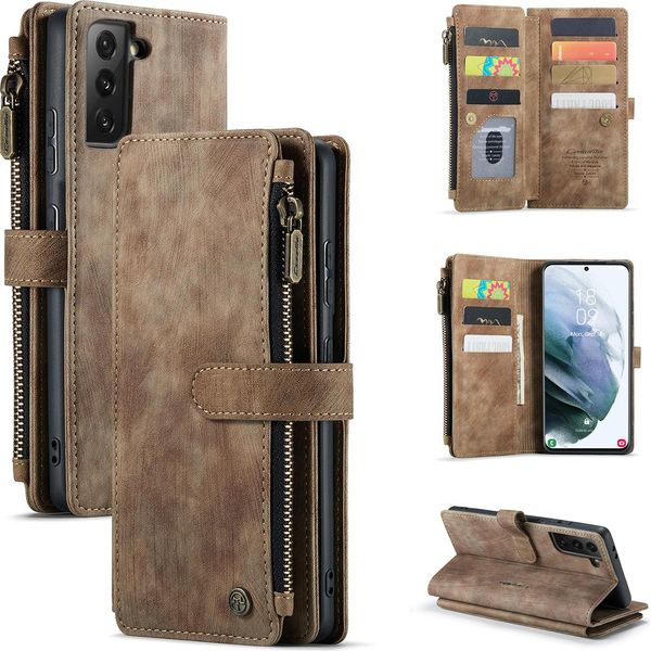 Galaxy S21 Fe 5G Custodia Per Cellulare, Chiusura A Zip Custodia In Finto Cuoio Flip Cover Chiusura Magnetica Porta Carte Funzione Stand Portafoglio Custodia Protettiva Per Samsung Galaxy S21 Fe 5G Marrone-image
