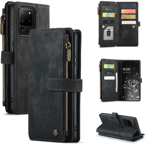 Galaxy S20 Ultra Custodia Per Cellulare, Chiusura A Zip Custodia In Finto Cuoio Flip Cover Chiusura Magnetica Porta Carte Funzione Stand Portafoglio Custodia Protettiva Per Samsung Galaxy S20 Ultra Nero-image