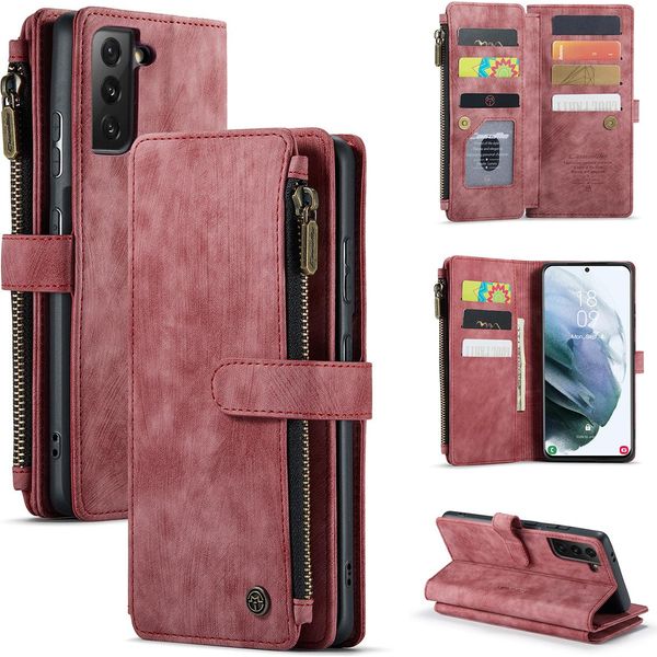 Galaxy S21 Fe 5G Custodia Per Telefono Cellulare, Chiusura A Zip Custodia In Finto Cuoio Flip Cover Chiusura Magnetica Porta Carte Funzione Stand Portafoglio Custodia Protettiva Per Samsung Galaxy S21 Fe 5G Rosso-image