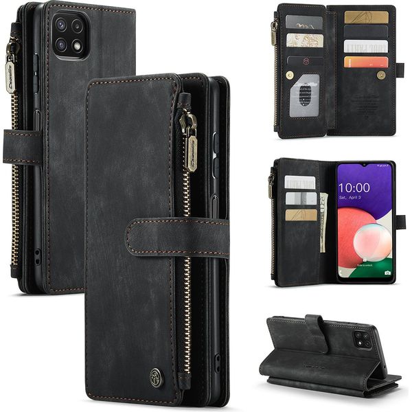 Galaxy A22 5G Custodia Per Cellulare, Chiusura A Zip Custodia In Finto Cuoio Flip Cover Chiusura Magnetica Porta Carte Funzione Stand Portafoglio Custodia Protettiva Per Samsung Galaxy A22 5G Nero-image