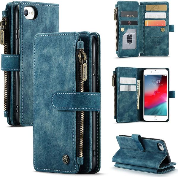 Custodia Iphone Se 2020, Custodia In Finto Cuoio Con Cerniera, Chiusura Magnetica, Tasca Per Carte, Supporto, Portafoglio, Custodia Protettiva Per Iphone 6 / 6S / 7 / 8 / Se 2020 Blu-image