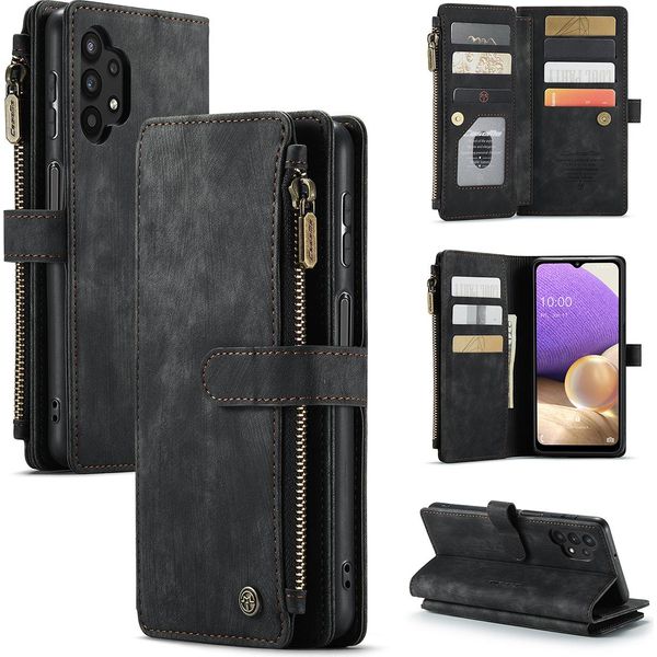 Galaxy A32 5G Custodia Per Cellulare, Chiusura A Zip Custodia In Finto Cuoio Flip Cover Chiusura Magnetica Porta Carte Funzione Stand Portafoglio Custodia Protettiva Per Samsung Galaxy A32 5G Nero-image