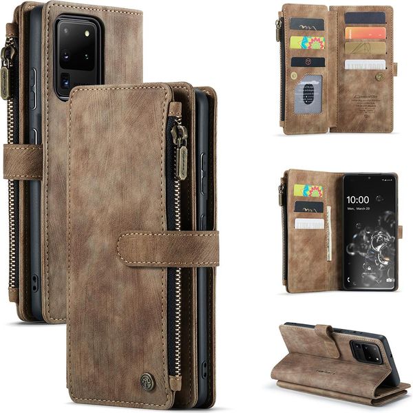 Custodia Galaxy S20 Ultra, Custodia In Finto Cuoio Con Cerniera, Chiusura Magnetica, Tasca Per Carte, Supporto, Portafoglio, Custodia Protettiva Per Samsung Galaxy S20 Ultra Marrone-image
