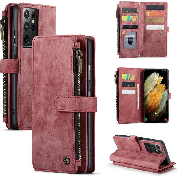 Galaxy S21 Ultra 5G Custodia Per Cellulare, Chiusura A Zip Custodia In Finto Cuoio Flip Cover Chiusura Magnetica Porta Carte Funzione Stand Portafoglio Custodia Protettiva Per Samsung Galaxy S21 Ultra 5G Rosso-image