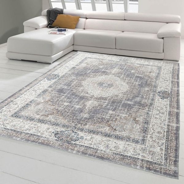 Tappeto Classico Con Ornamenti Floreali E Decorazioni Vegetali In Grigio Beige Blu Dimensioni - 200 X 290 Cm-image