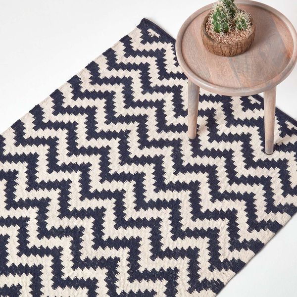 Homescapes Tappeto Kilim Casablanca Tessuto A Mano Con Motivo A Zig Zag In 100% Cotone, Blu Scuro E Bianco, 160 X 230 Cm-image