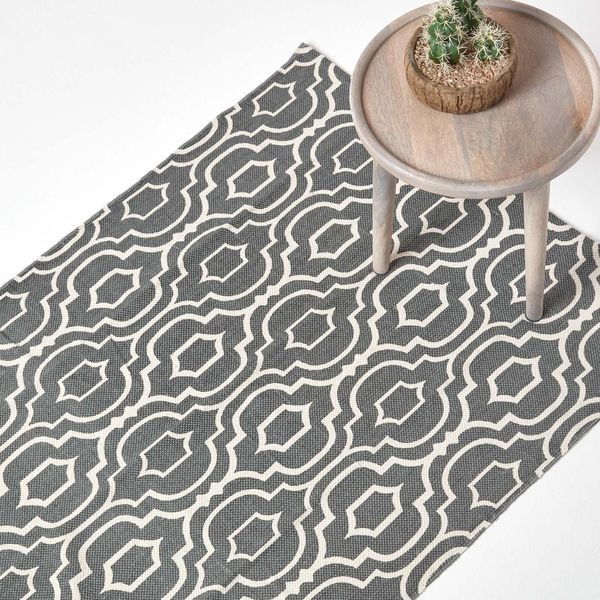 Homescapes Tappeto Riga In Cotone Stampato Con Motivi In Grigio E Bianco, 90 X 150 Cm-image