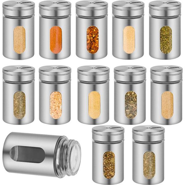 Tolletour, Set Di 12 Barattoli Per Spezie,E Pepe, 80 Ml Di Vetro Con Finestra Di Visualizzazione E 3 Dimensioni Per Conservare Le Spezie, Argento-image