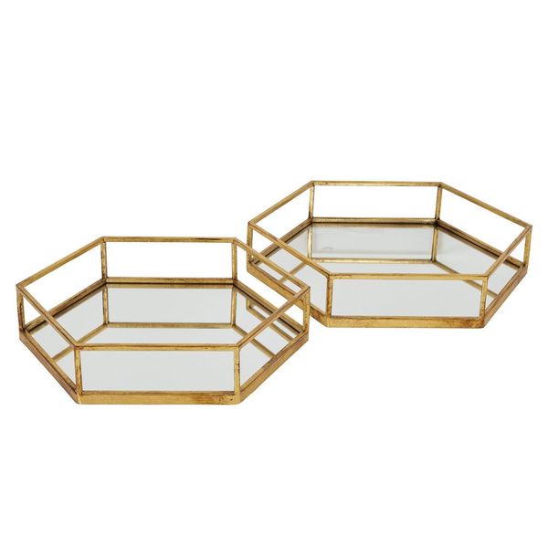 Hill Interiors - Esagono - Vassoio 2 Pezzi - Vetro, Metallo HI4688 (9 Cm X 43 Cm X 50 Cm) (Oro)-image