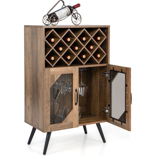 Costway Mobile Da Vino Vintage Con Portabottiglie Estraibile E Portabicchieri Integrato, Mobile Bar In Legno, Credenza 59,5 X 33,5 X 93,5 Cm-image
