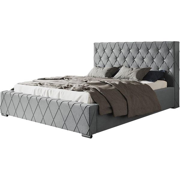 Letto Imbottito Berlin Con Testiera, 160X200 Cm, Letto Matrimoniale Con Rete E Doghe In Legno, Tessuto Velour, Colore: Grigio-image