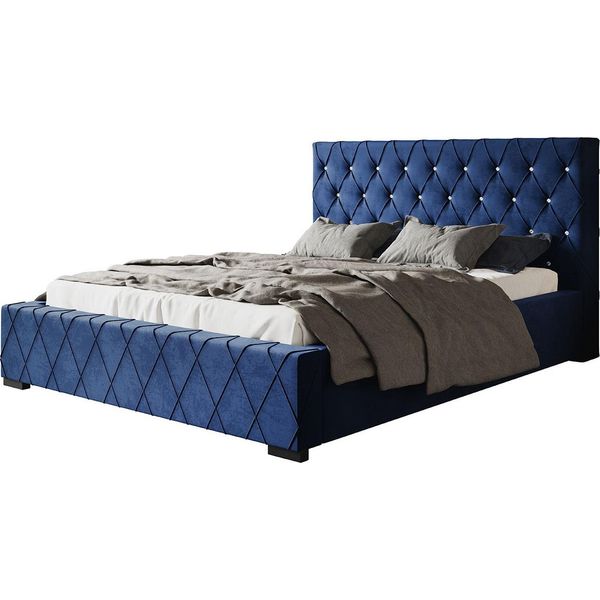 Letto Imbottito Berlin Con Testiera, 120X200 Cm, Letto Matrimoniale Con Rete A Doghe In Metallo, Tessuto Velour, Colore: Blu Scuro-image
