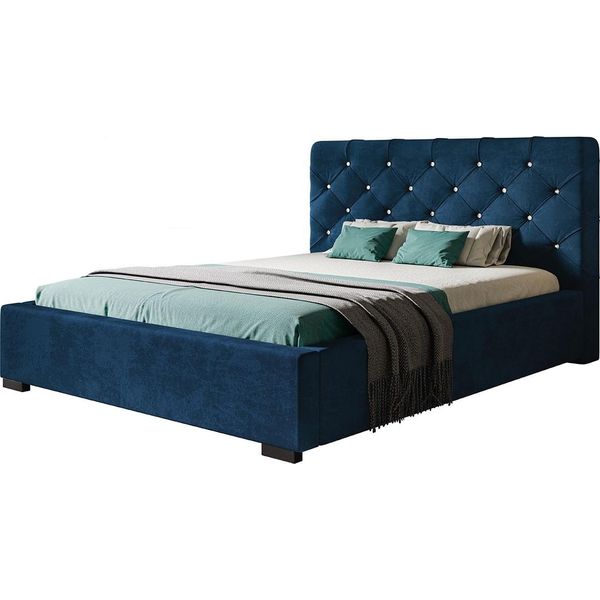 Letto Imbottito Boston Con Testiera, 180X200 Cm, Letto Matrimoniale Con Rete E Doghe In Legno, Tessuto Velour, Colore: Blu Scuro-image