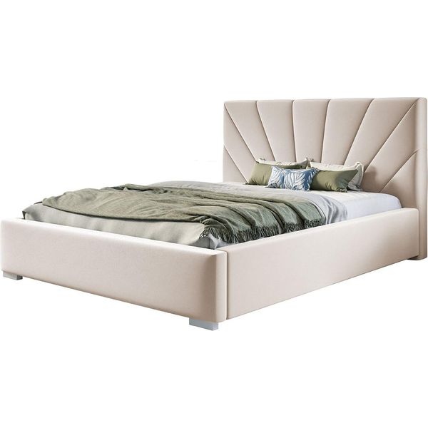 Letto Imbottito Denver Con Testiera, 120X200 Cm, Letto Matrimoniale Con Rete E Doghe In Legno, Tessuto Velour, Colore: Sabbia-image