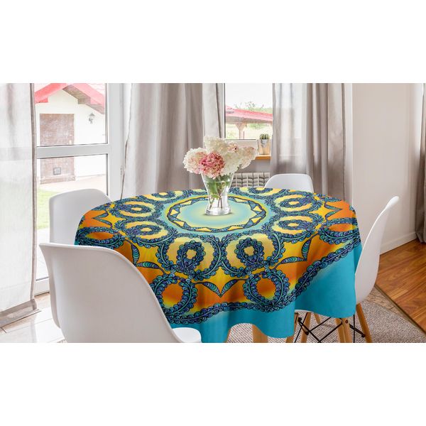 Abakuhaus Tovaglia Rotonda Mandala, Fiori Mandala, Tovaglia Circolare Per Sala Da Pranzo, Decorazione Cucina, 150 Cm, Arancione E Blu-image