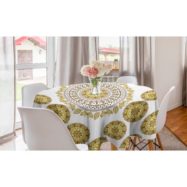 Abakuhaus Tovaglia Rotonda Mandala, Foglie Naturali, Tovaglia Circolare Per Sala Da Pranzo, Decorazione Cucina, 150 Cm, Giallo Marrone Crema-image