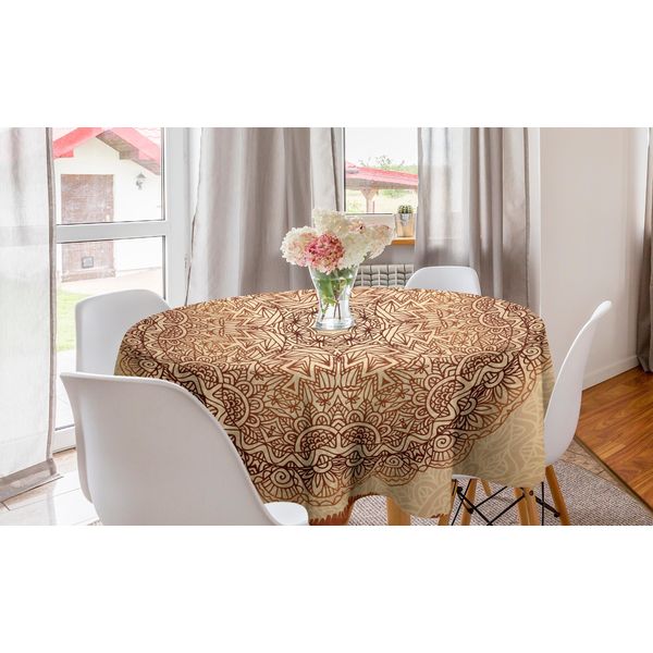 Abakuhaus Tovaglia Rotonda Brown Mandala, Vintage Etnica, Tovaglia Circolare Per Sala Da Pranzo, Decorazione Cucina, 150 Cm, Marrone Zenzero Beige-image