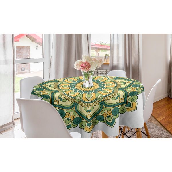 Abakuhaus Tovaglia Rotonda Mandala, Dahlia Petals, Tovaglia Circolare Per Sala Da Pranzo, Decorazione Cucina, 150 Cm, Fern Green Aprikose-image