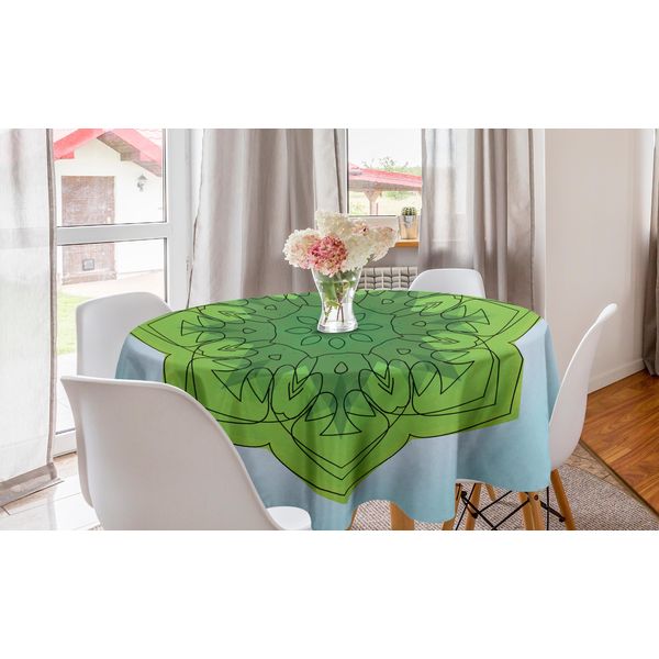 Abakuhaus Tovaglia Rotonda Verde Mandala, Fiori Disegnati, Tovaglia Circolare Per Sala Da Pranzo, Decorazione Per Cucina, 150 Cm, Azzurro E Verde-image