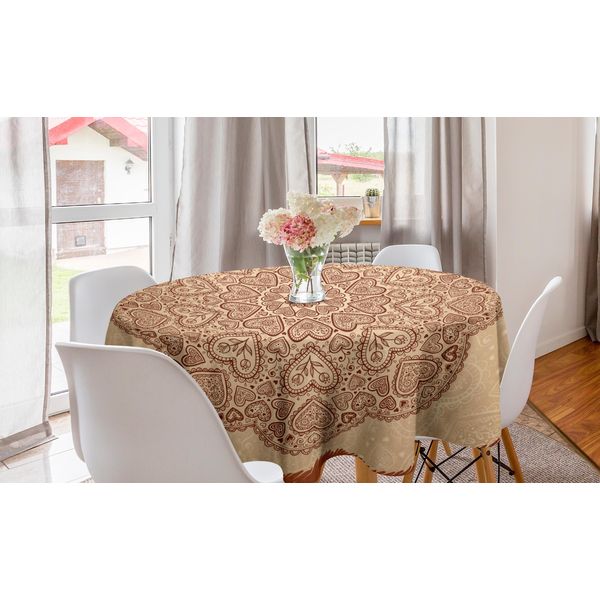 Abakuhaus Brown Mandala Tovaglia Rotonda, Cuori Circolari, Tovaglia Circolare Per Sala Da Pranzo, Decorazione Cucina, 150 Cm, Marrone Castagna E Beige-image