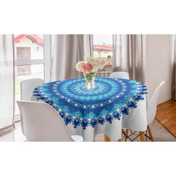 Abakuhaus Tovaglia Rotonda Blu Mandala, Yoga Chakra, Tovaglia Circolare Per Sala Da Pranzo, Decorazione Per Cucina, 150 Cm, Bianco E Blu Acquamarina-image