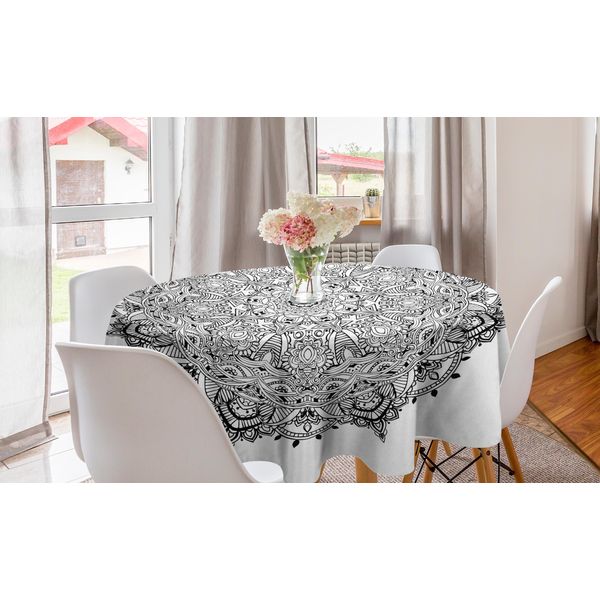Abakuhaus Tovaglia Rotonda Mandala, Arte Mandala Bianco E Nero, Tovaglia Circolare Per Sala Da Pranzo, Decorazione Per Cucina, 150 Cm, Bianco E Nero-image