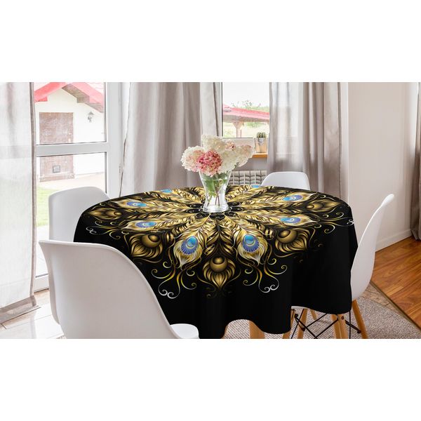 Abakuhaus Tovaglia Rotonda Mandala, Piume Di Pavone Con Pietra, Tovaglia Circolare Per Sala Da Pranzo, Decorazione Per Cucina, 150 Cm, Grigio Senape-image