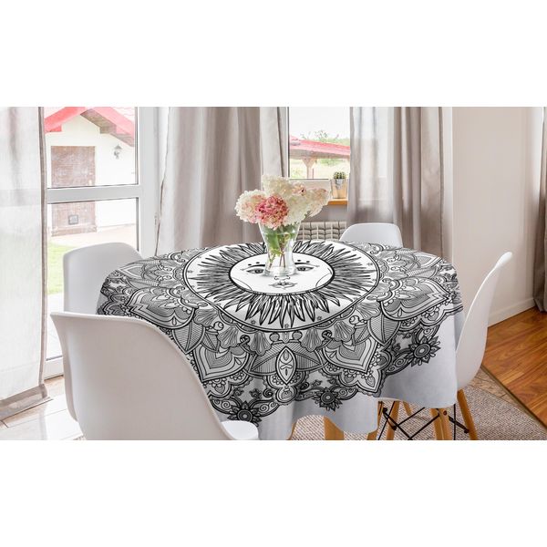 Abakuhaus Tovaglia Rotonda Mandala, Fiori Boho, Tovaglia Circolare Per Sala Da Pranzo, Decorazione Cucina, 150 Cm, Bianco E Nero-image