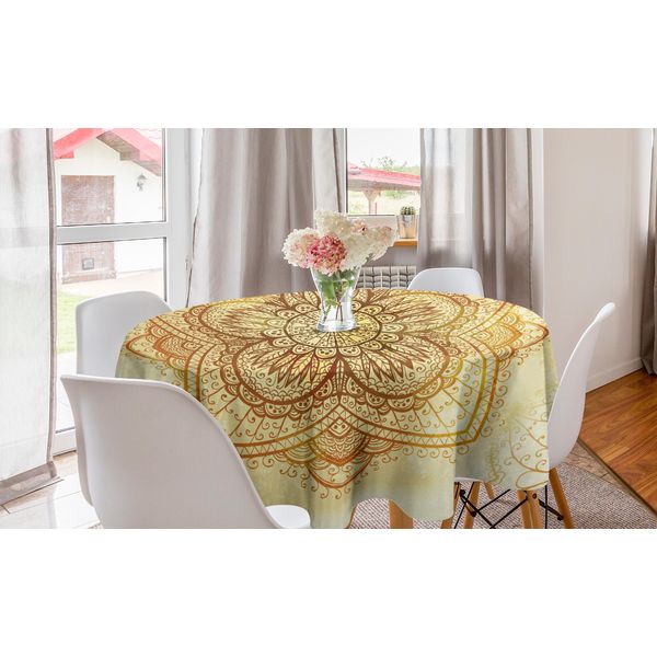 Abakuhaus Tovaglia Rotonda Brown Mandala, Foglie Sovrapposte, Tovaglia Circolare Per Sala Da Pranzo, Decorazione Cucina, 150 Cm, Marrone Zenzero E Giallo-image