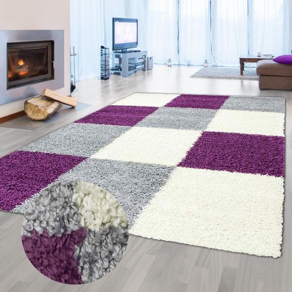 Tappeto Shaggy A Pelo Alto Per Il Soggiorno Con Motivo A Quadri Viola Grigio Crema Dimensioni - 160 X 230 Cm-image