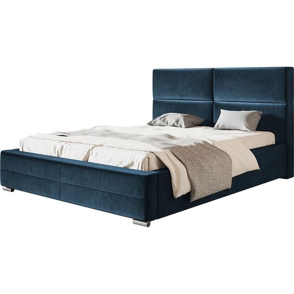 Letto Imbottito Lisbon Con Testiera, 180X200 Cm, Letto Matrimoniale Con Rete A Doghe In Metallo, Tessuto Velour, Colore: Blu Scuro-image