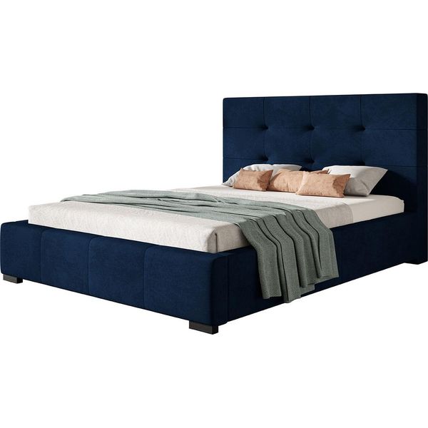 Letto Imbottito Oslo Con Testiera, 180X200 Cm, Letto Matrimoniale Con Rete A Doghe In Metallo, Tessuto Velour, Colore: Blu Scuro-image