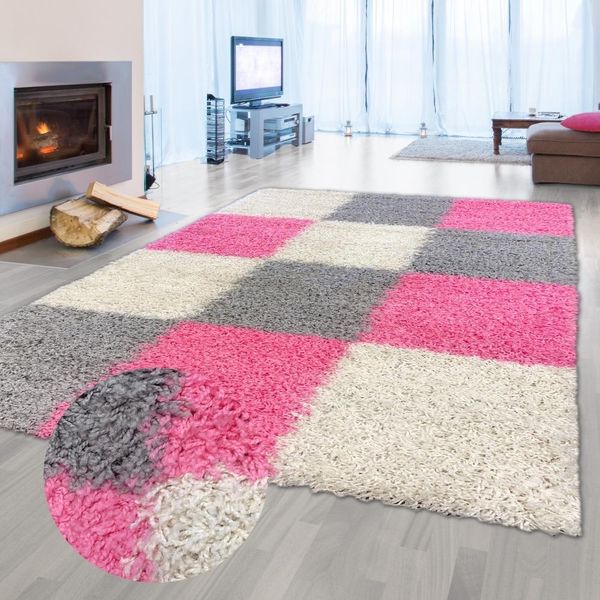 Tappeto Shaggy A Pelo Alto Per Il Soggiorno Con Motivo A Quadri Rosa Grigio Crema Dimensioni - 200 X 290 Cm-image