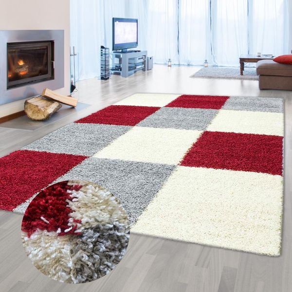 Tappeto Shaggy A Pelo Alto Per Il Soggiorno Con Motivo A Quadri Rosso Grigio Crema Dimensioni - 120 X 170 Cm-image