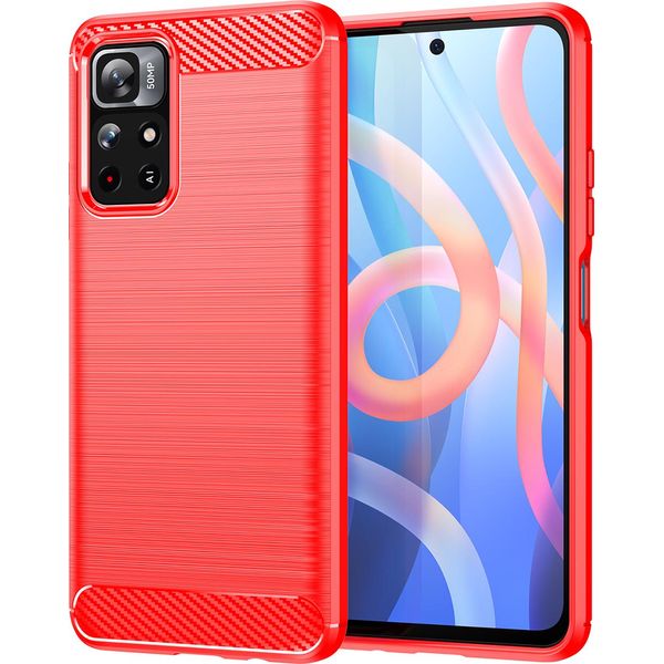 Custodia Per Xiaomi Poco M4 Pro 5G In Silicone Tpu Morbido, Fibra Di Carbonio, Custodia Protettiva Antiurto Rosso-image