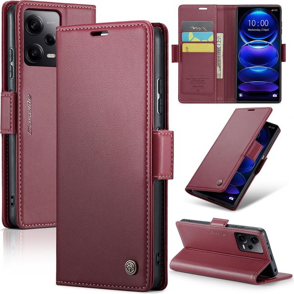 Xiaomi Poco X5 Pro Case, Rfid Blocking Card, Advanced Flip Custodia In Pelle Con Funzione Stand Per Xiaomi Poco X5 Pro / Redmi Note 12 Pro 5G Rosso-image