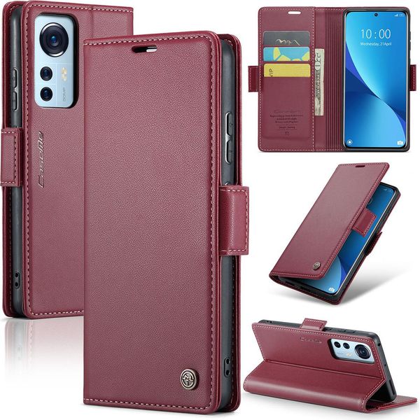 Xiaomi 12 Case, Rfid Blocking Card, Advanced Flip Custodia In Pelle Con Funzione Stand Per Xiaomi 12 / 12X / 12S Rosso-image